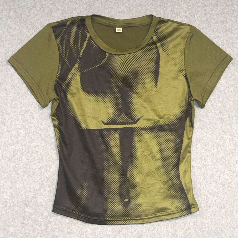 Y2K 3D Body Heat Map Graphic Print T-Shirt Green Sexy Festival Tee Women's Sz XS